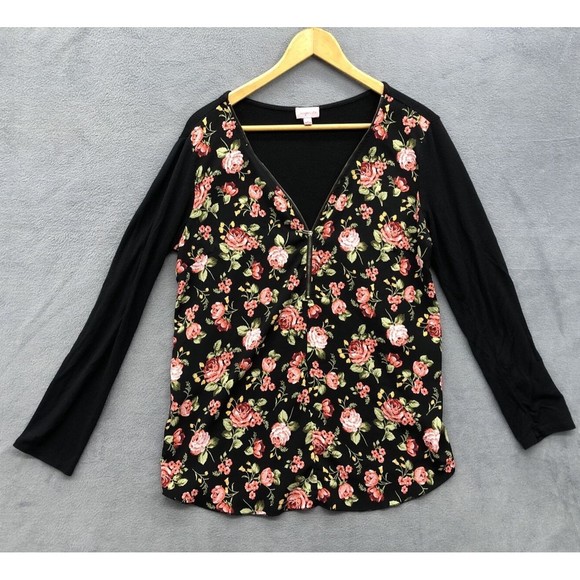 Juniper Ln Womens Blouse Size M Black Floral Front Contrasting Fabric 1/2 Zip - Picture 1 of 16